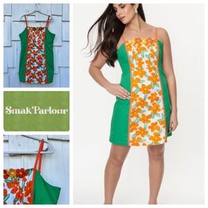 Smak Parlour Green‎ Orange Floral Crotchet Flower Mini Dress XL 14